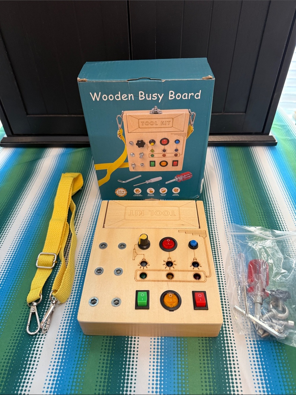 Wooden Busy Board Tool Kit - Yellow Strap